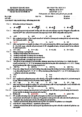 Đề kiểm tra học kỳ I môn Vật lý Lớp 11 - Năm học 2016-2017 - Trường THPT Hoàng Văn Thụ